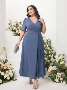 Modelyn Plus Surplice Neck Pleated Panel Wrap Front Dress Long Evening Dresses - Dusty Blue - View 1