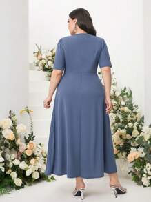 Modelyn Plus Surplice Neck Pleated Panel Wrap Front Dress Long Evening Dresses - Dusty Blue - View 2