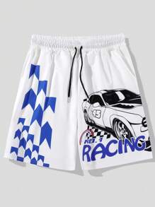 ROMWE MEN Street Life Guys Car & Letter Graphic Drawstring Waist Shorts - White - View 1