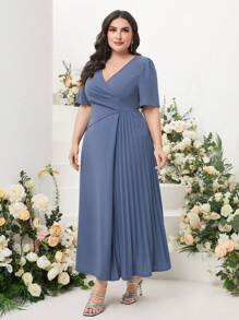 Modelyn Plus Surplice Neck Pleated Panel Wrap Front Dress Long Evening Dresses - Dusty Blue - View 3