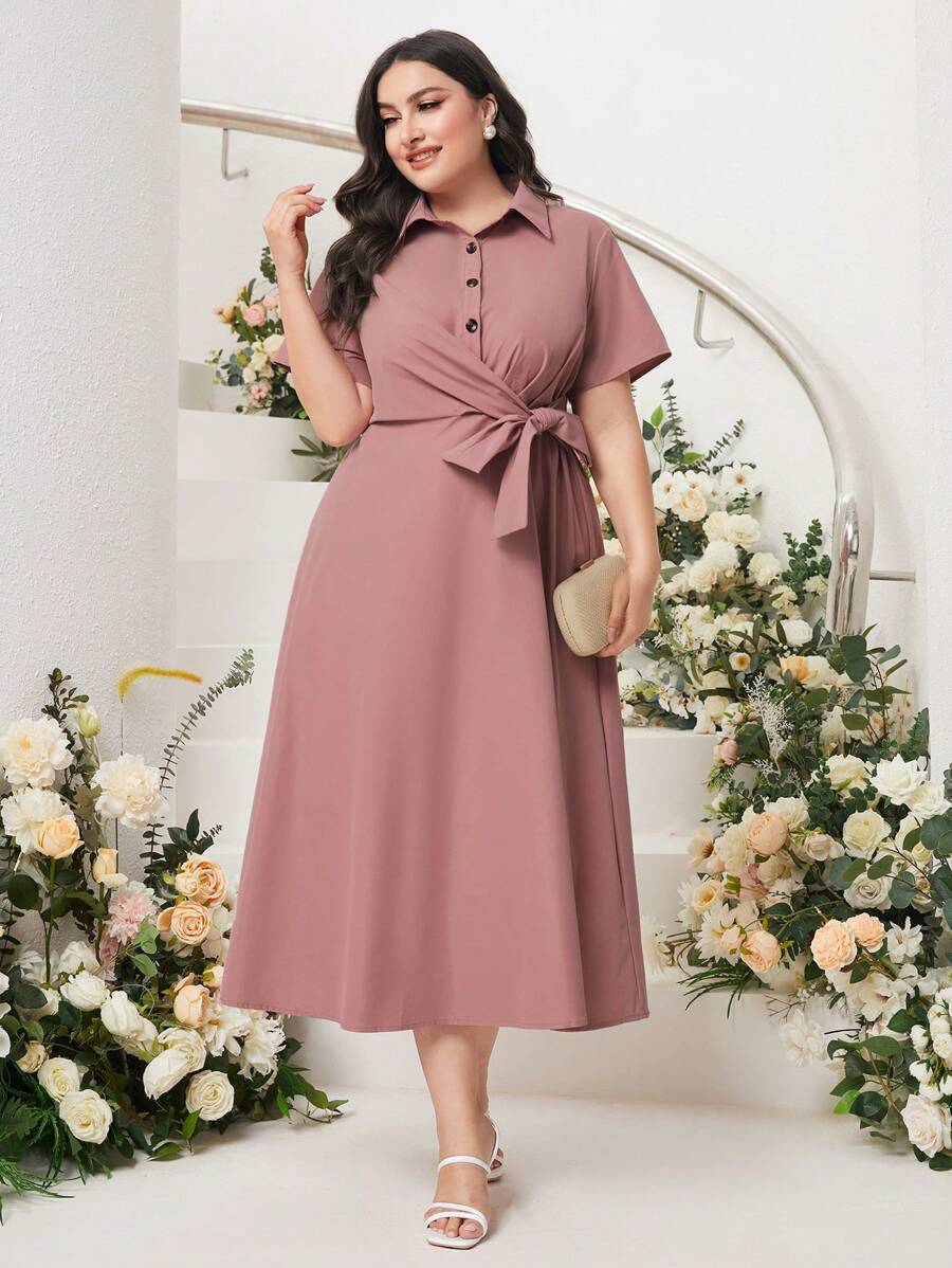 Mulvari Plus Knot Side Shirt Dress - Pink - View 1