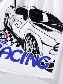 ROMWE MEN Street Life Guys Car & Letter Graphic Drawstring Waist Shorts - White - View 7