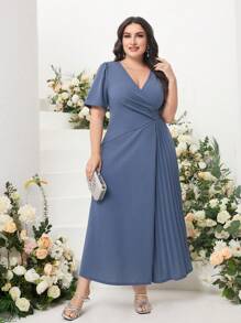 Modelyn Plus Surplice Neck Pleated Panel Wrap Front Dress Long Evening Dresses - Dusty Blue - View 4