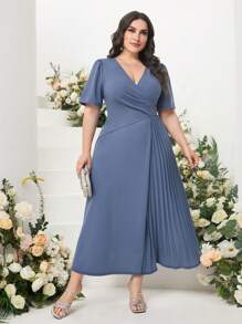 Modelyn Plus Surplice Neck Pleated Panel Wrap Front Dress Long Evening Dresses - Dusty Blue - View 5