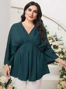 Modelyn Plus Batwing Sleeve Fold Pleated Detail Peplum Blouse - Teal Blue - View 1
