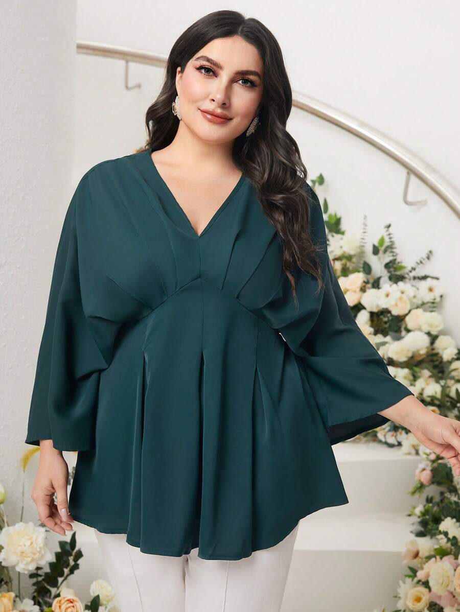 Modelyn Plus Batwing Sleeve Fold Pleated Detail Peplum Blouse - Teal Blue - View 1