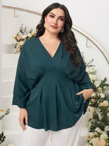 Modelyn Plus Batwing Sleeve Fold Pleated Detail Peplum Blouse - Teal Blue - View 4