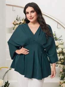 Modelyn Plus Batwing Sleeve Fold Pleated Detail Peplum Blouse - Teal Blue - View 5
