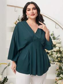 Modelyn Plus Batwing Sleeve Fold Pleated Detail Peplum Blouse - Teal Blue - View 6
