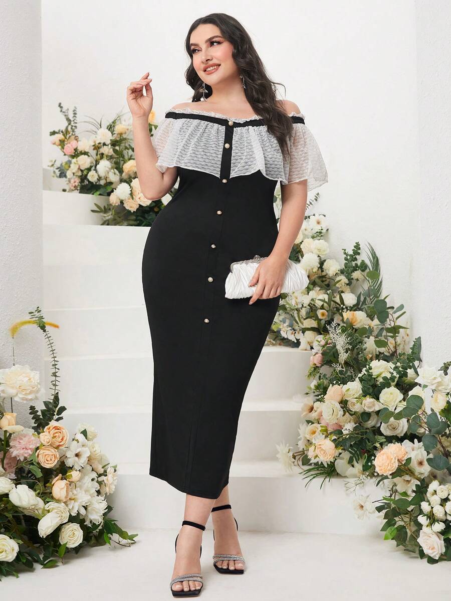 Modelyn Plus Off Shoulder Ruffle Trim Button Front Dress - Black and White - View 1