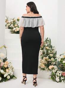 Modelyn Plus Off Shoulder Ruffle Trim Button Front Dress - Black and White - View 2
