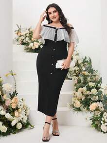 Modelyn Plus Off Shoulder Ruffle Trim Button Front Dress - Black and White - View 6