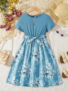 SHEIN Vestido de niña con bloque de color, estampado de parches y lazo en la cintura, con diseño floral elegante - Celeste - Ver 3