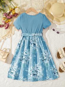 SHEIN Vestido de niña con bloque de color, estampado de parches y lazo en la cintura, con diseño floral elegante - Celeste - Ver 2