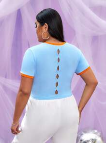 THE POWERPUFF GIRLS X SHEIN Talla grande Camiseta crop con estampado de letra unido en contraste - Celeste - Ver 2