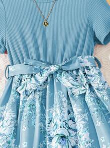 SHEIN Vestido de niña con bloque de color, estampado de parches y lazo en la cintura, con diseño floral elegante - Celeste - Ver 8