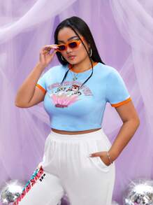 THE POWERPUFF GIRLS X SHEIN Talla grande Camiseta crop con estampado de letra unido en contraste - Celeste - Ver 3