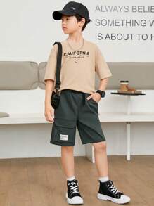SHEIN Tween Boys' Vacation Style Patch Design 3d Cargo Style Pocket Straight Woven Shorts - Dark Grey - View 3