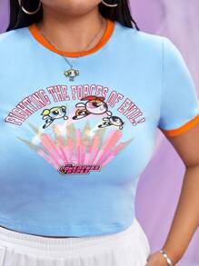 THE POWERPUFF GIRLS X SHEIN Talla grande Camiseta crop con estampado de letra unido en contraste - Celeste - Ver 7