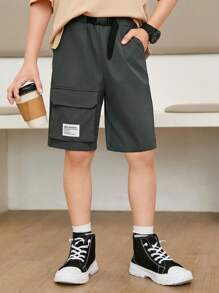 SHEIN Tween Boys' Vacation Style Patch Design 3d Cargo Style Pocket Straight Woven Shorts - Dark Grey - View 5