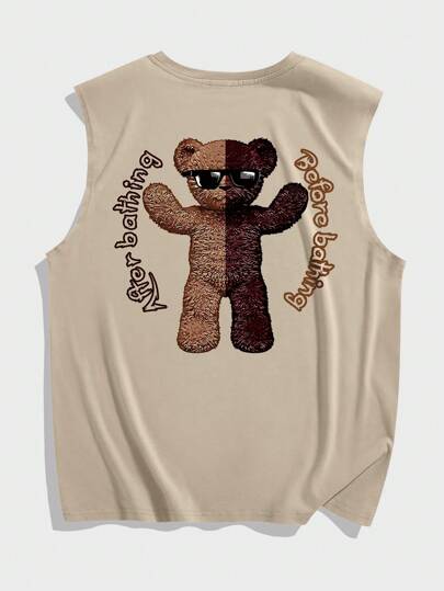 Street Life Guys Cotton Bear & Letter Graphic Tank Top