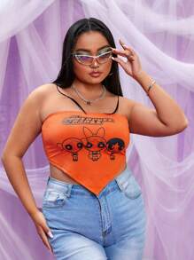THE POWERPUFF GIRLS X SHEIN Plus Letter & Cartoon Graphic Bandana Hem Crop Tube Top - Orange - View 1