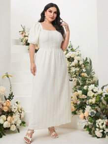 Modelyn Plus Square Neck Puff Sleeve Dress - Beige - View 3