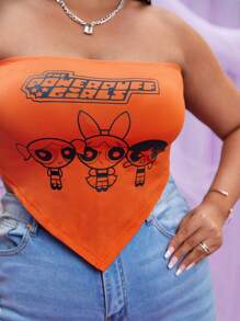 THE POWERPUFF GIRLS X SHEIN Plus Letter & Cartoon Graphic Bandana Hem Crop Tube Top - Orange - View 7