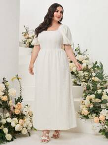 Modelyn Plus Square Neck Puff Sleeve Dress - Beige - View 5