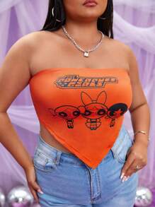 THE POWERPUFF GIRLS X SHEIN Plus Letter & Cartoon Graphic Bandana Hem Crop Tube Top - Orange - View 5