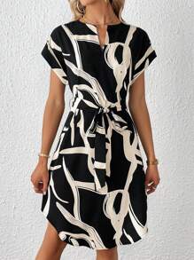 SHEIN Privé Graphic Print Notched Neck Belted Short Summer  Dress