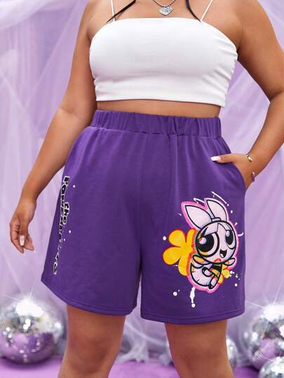 THE POWERPUFF GIRLS X SHEIN 大碼卡通圖案斜口袋短褲