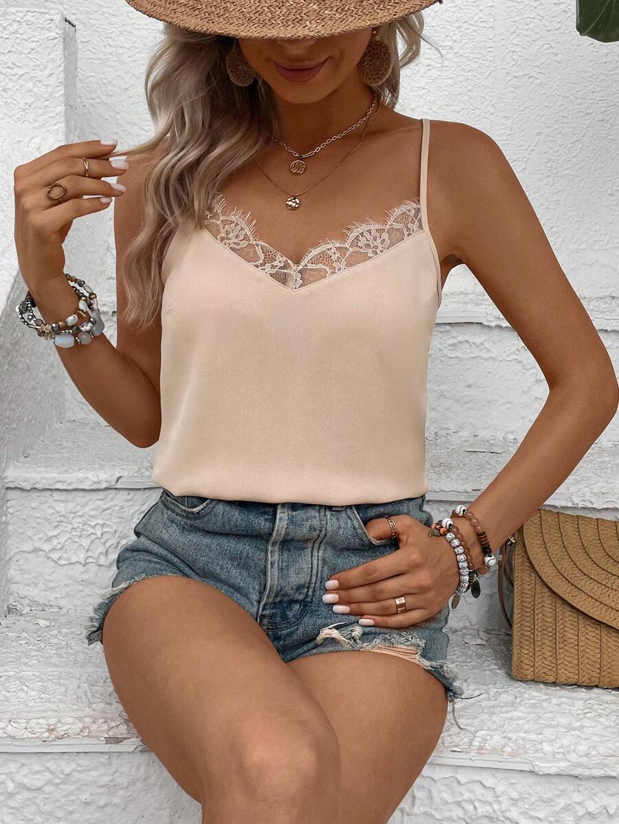 SHEIN LUNE Contrast Lace Cami Top - Apricot - View 1