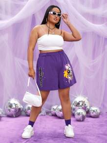 THE POWERPUFF GIRLS X SHEIN 大碼卡通圖案斜口袋短褲 - 紫色 - 查看 5