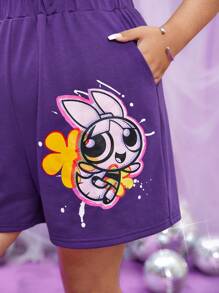 THE POWERPUFF GIRLS X SHEIN 大碼卡通圖案斜口袋短褲 - 紫色 - 查看 6