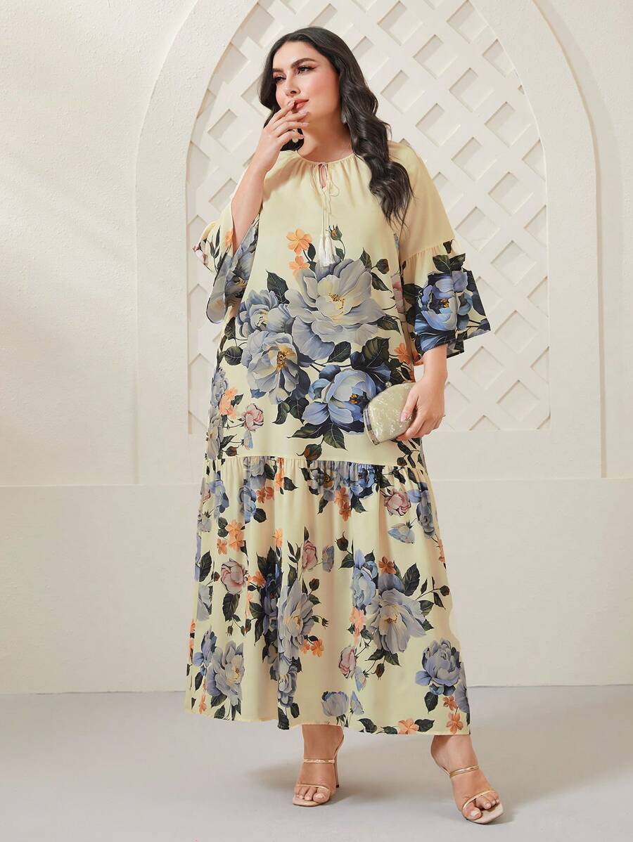 Al Najma Plus Floral Print Ruffle Hem Smock Dress - Multicolor - View 1