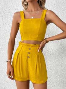 SHEIN Essnce Bộ đồ hai mảnh nữ Nút Dây kéo Uốn nếp Quần paper-bag màu trơn Giải trí - Màu vàng - Xem 4