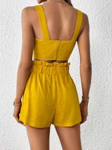 SHEIN Essnce Bộ đồ hai mảnh nữ Nút Dây kéo Uốn nếp Quần paper-bag màu trơn Giải trí - Màu vàng - Xem 2