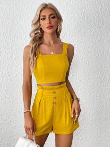 SHEIN Essnce Bộ đồ hai mảnh nữ Nút Dây kéo Uốn nếp Quần paper-bag màu trơn Giải trí - Màu vàng - Xem 5