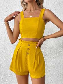 SHEIN Essnce Bộ đồ hai mảnh nữ Nút Dây kéo Uốn nếp Quần paper-bag màu trơn Giải trí - Màu vàng - Xem 3