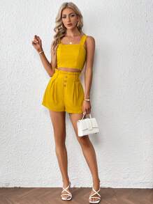 SHEIN Essnce Bộ đồ hai mảnh nữ Nút Dây kéo Uốn nếp Quần paper-bag màu trơn Giải trí - Màu vàng - Xem 6