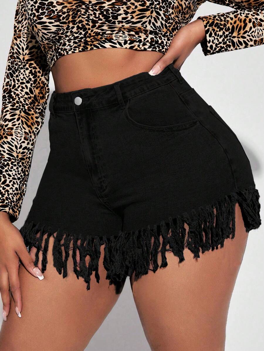 SHEIN SXY Plus Fringe Hem Denim Shorts