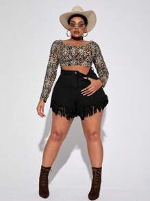 SHEIN SXY Plus Fringe Hem Denim Shorts