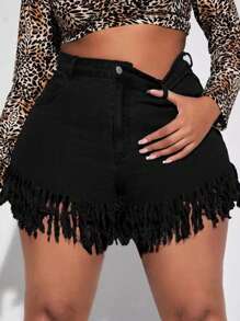 SHEIN SXY Plus Fringe Hem Denim Shorts