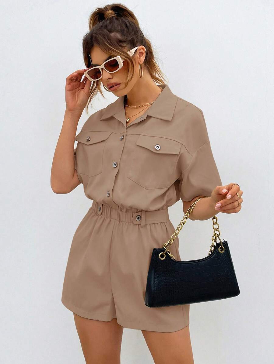 Chiquease Flap Pocket Drop Shoulder Shirt Romper - Khaki - View 1