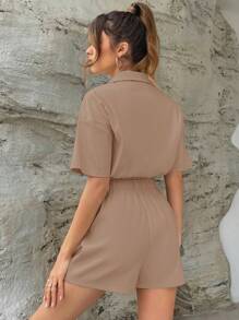 Chiquease Flap Pocket Drop Shoulder Shirt Romper - Khaki - View 2