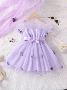 SHEIN Young Girl Butterfly Appliques Mesh Overlay Puff Sleeve Belted Dress - Purple - View 1