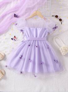 SHEIN Young Girl Butterfly Appliques Mesh Overlay Puff Sleeve Belted Dress - Purple - View 2