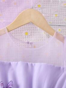 SHEIN Young Girl Butterfly Appliques Mesh Overlay Puff Sleeve Belted Dress - Purple - View 3
