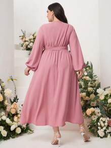 Modelyn Vestido con cinturón ribete con fruncido de manga farol - Rosa - Ver 2